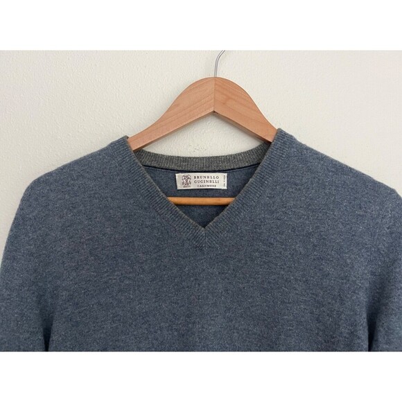 Brunello Cucinelli Men's Blue Cashmere Sweater V-Neck Size Small - Picture 2 of 8